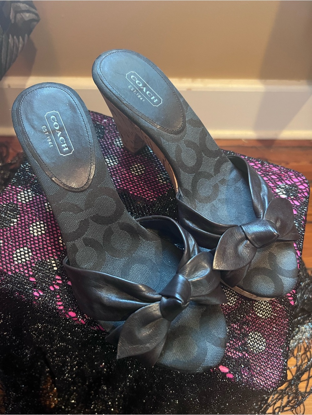 COACH Black Logo Knot Slide Mules